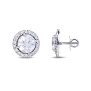 A side profile of lab grown diamond earrings showcasing the stunning halo setting that enhances the brilliance of these lab grown diamonds earrings studs. These ethically sourced lab grown diamond earring studs sparkle with exceptional clarity, making them ideal for those seeking 1 ct lab grown diamond earrings or comparable to 2 ct lab grown diamond earrings. A luxurious choice for those who love diamond stud earrings lab grown with a modern yet timeless design.