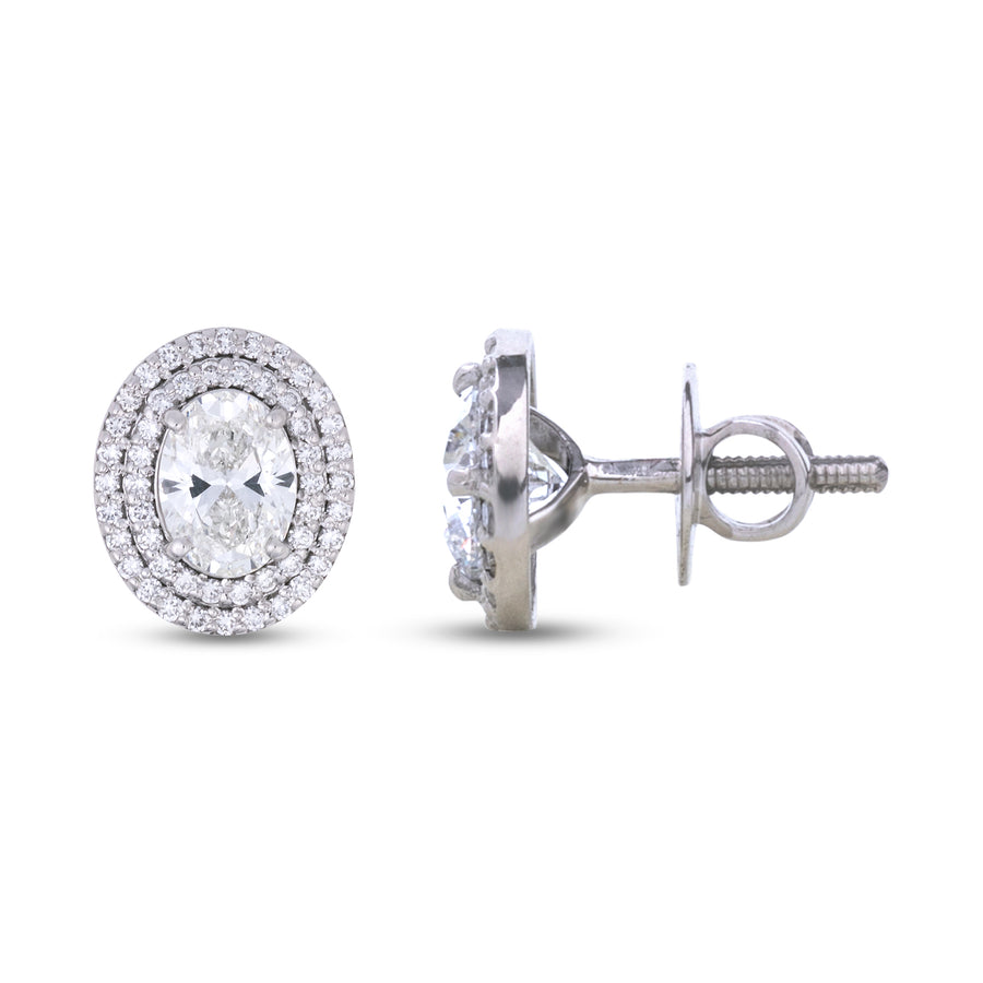 A side profile of these oval lab grown diamond earrings, showcasing the intricate double halo setting that enhances their brilliance. These lab grown diamonds earrings are a stunning choice for anyone looking for diamond stud earrings lab grown with added fire and sparkle. Whether you're searching for 1 carat lab grown diamond earrings, 1.5 carat lab grown diamond earrings, or 2 carat diamond earrings lab grown, these elegant studs are a perfect addition to any fine jewelry collection.