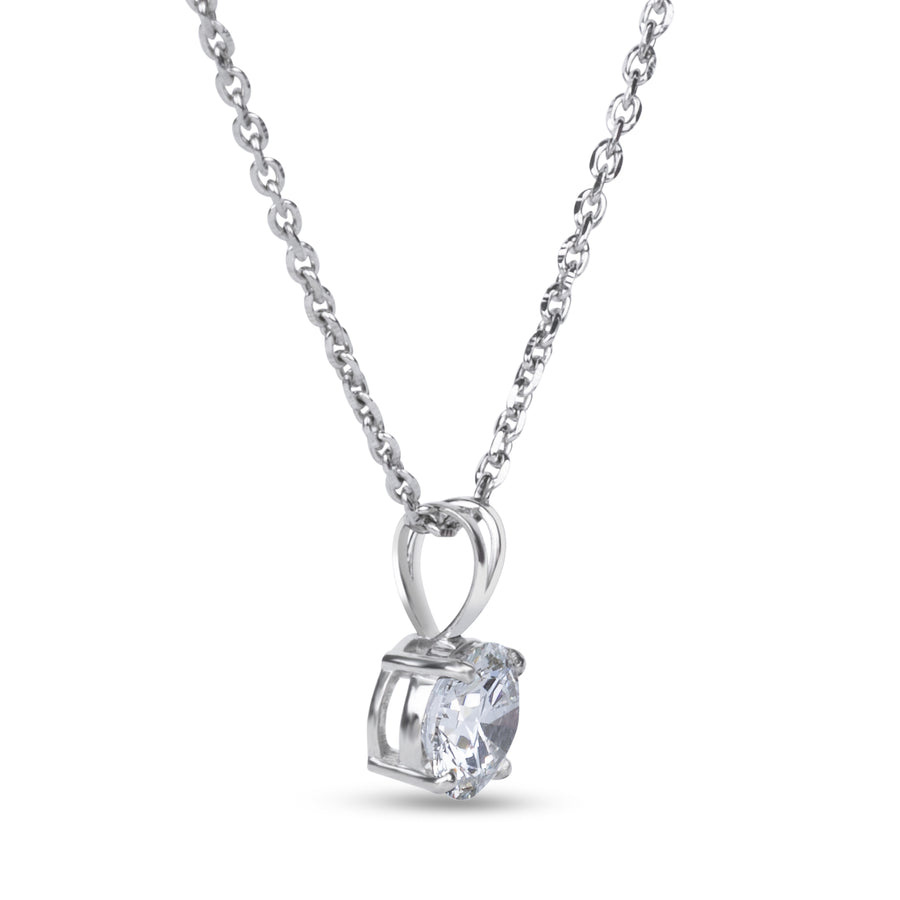 A side profile of this stunning solitaire diamond necklace lab grown, showcasing its 2.02 carat round lab grown diamond set in a minimalist pendant design. This lab grown diamond solitaire pendant necklace offers a refined and timeless look, making it a perfect choice for those seeking an elegant, sustainable jewelry piece.

