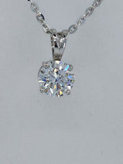 An angled view of this breathtaking lab grown diamond solitaire pendant necklace, featuring a 2.02 carat round lab grown diamond on a classic setting. Designed for versatility, this solitaire lab grown diamond necklace offers a radiant sparkle, making it an ideal choice for those searching for a sophisticated and ethical lab grown diamond necklace.